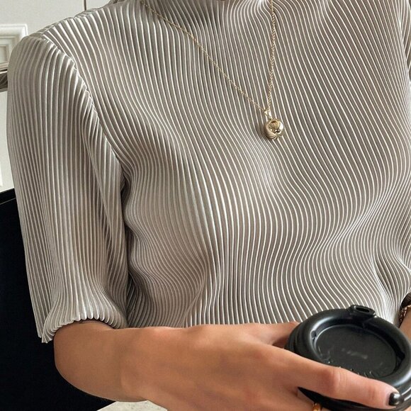 Light Grey Casual Women's Solid Mock Neck Drop Shoulder Tee - Picture 8 of 8